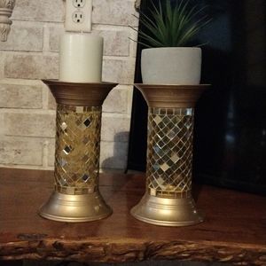 Matching Candleholders.  Mosaic mirrored and clear pieces. They measure 9"x5".